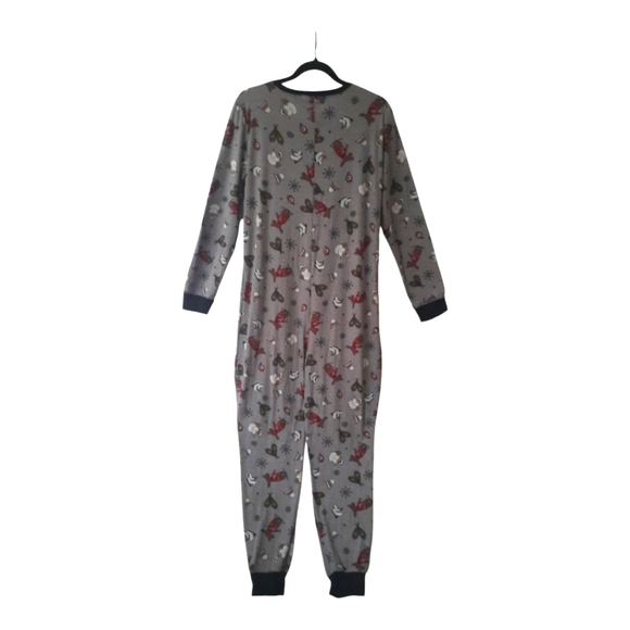 Gray OnePiece Pajama Maple Syrup Moose Beaver Skates Snowshoes Snaps Sz XL - Picture 2 of 8